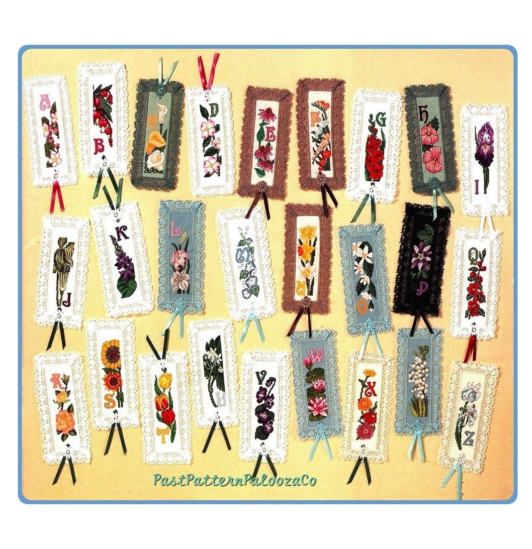 Vintage Cross Stitch Patterns 26 Flower Bookmarks PDF Instant Digital Download Pretty Lace Edged Floral Alphabet Book Marks