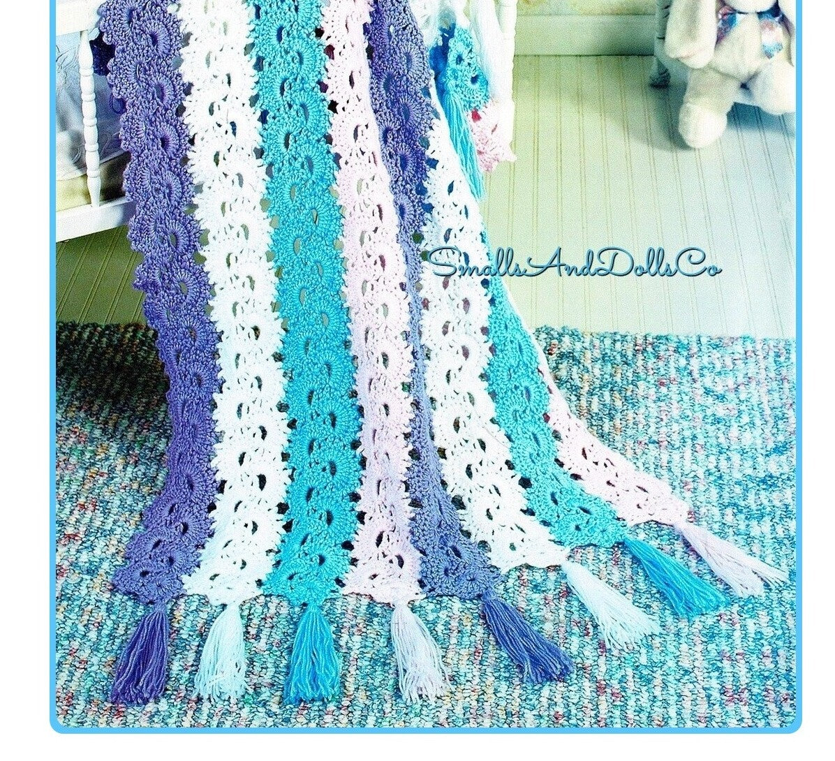 Vintage Crochet Pattern Pretty Shell Strips Baby Afghan Blanket PDF Instant Digital Download Lacy Tasseled Crib Throw 5 Ply