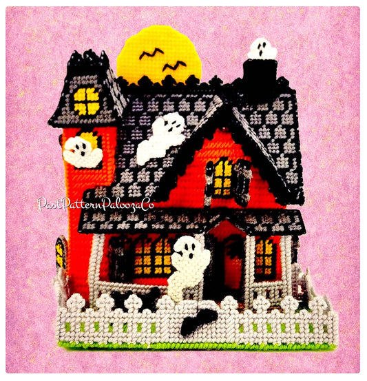 Vintage Plastic Canvas Pattern 11" Orange Halloween Haunted House Mansion Dollhouse PDF Instant Digital Download Decor or Candy Holder