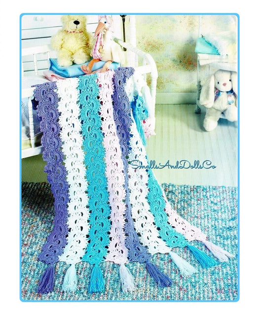 Vintage Crochet Pattern Pretty Shell Strips Baby Afghan Blanket PDF Instant Digital Download Lacy Tasseled Crib Throw 5 Ply