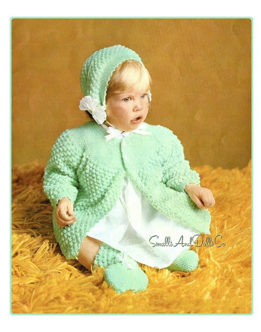 Vintage Baby Knitting Pattern Pretty Popcorn Moss Stitch Jacket Bonnet and Booties Set PDF Instant Digital Download 6-9 m 3 Ply