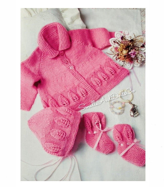 Vintage Knitting Pattern Baby Girl Leaf Border Cardigan Jacket Sweater Bonnet Booties Set PDF Instant Digital Download 0-12 m DK
