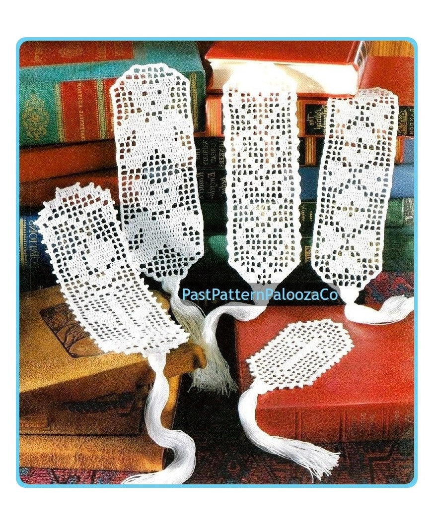 Vintage Filet Crochet Pattern 12 Pretty Bookmark Designs PDF Instant Digital Download Hearts Flower Teddy Bear Book Marks Cotton Thread