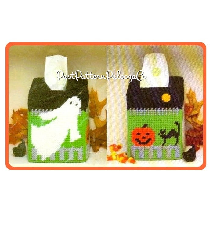 Vintage Plastic Canvas Halloween Tissue Box Cover Pattern Spooky Holiday Tissue Topper PDF Instant Digital Download Ghost Pumpkin Black Cat