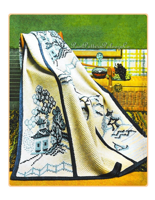 Vintage Crochet Afghan Pattern Blue Willow China Tunisian Stitch PDF Instant Digital Download Cross Stitched Ancient Chinese Scenery Motifs