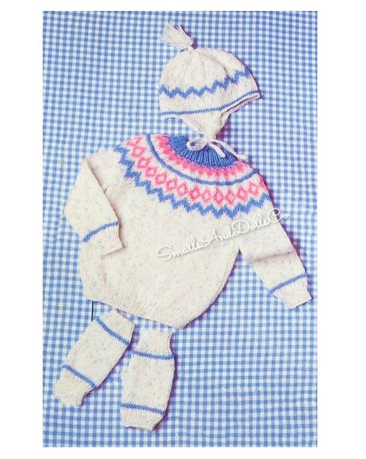 Vintage Knitting Pattern Baby Nordic Look Sweater Legwarmers Hat Set PDF Instant Digital Download Retro 80s Icelandic Fairisle DK 0-4 Yrs
