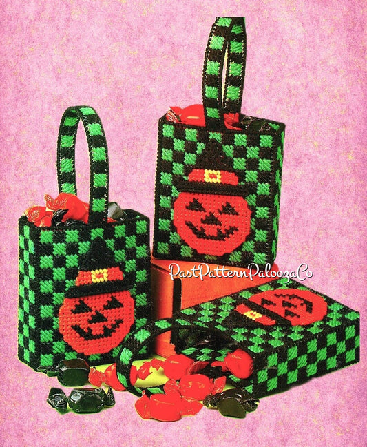 Vintage Plastic Canvas Pattern Mini 5" Halloween Pumpkin Candy Treat Gift Party Bags PDF Instant Digital Download Cute Jack-O-Lantern