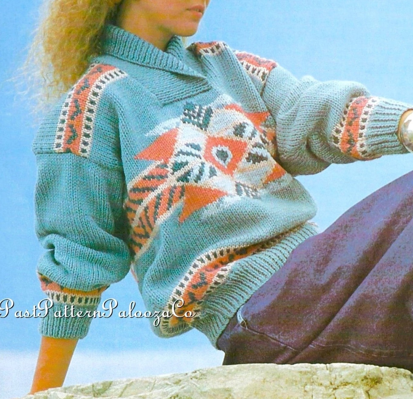 Vintage Knitting Pattern Womens Santa Fe Shawl Collar Sweater PDF Instant Digital Download Geometric South Western Pullover Classic 80s