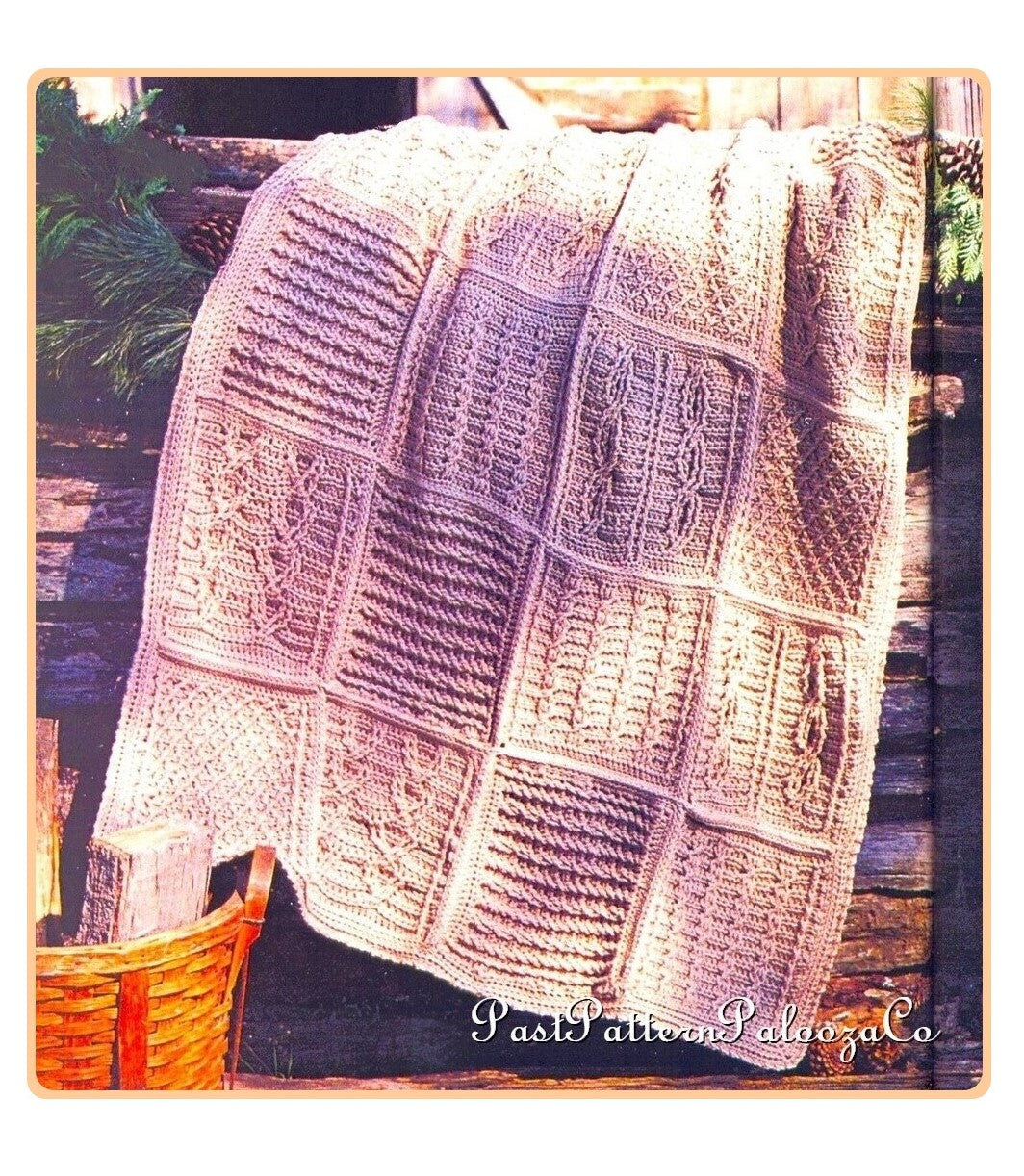 Vintage Crochet Pattern Classic Cabled Squares Sampler Afghan Blocks Medley Blanket PDF Instant Digital Download Aran 10 Ply