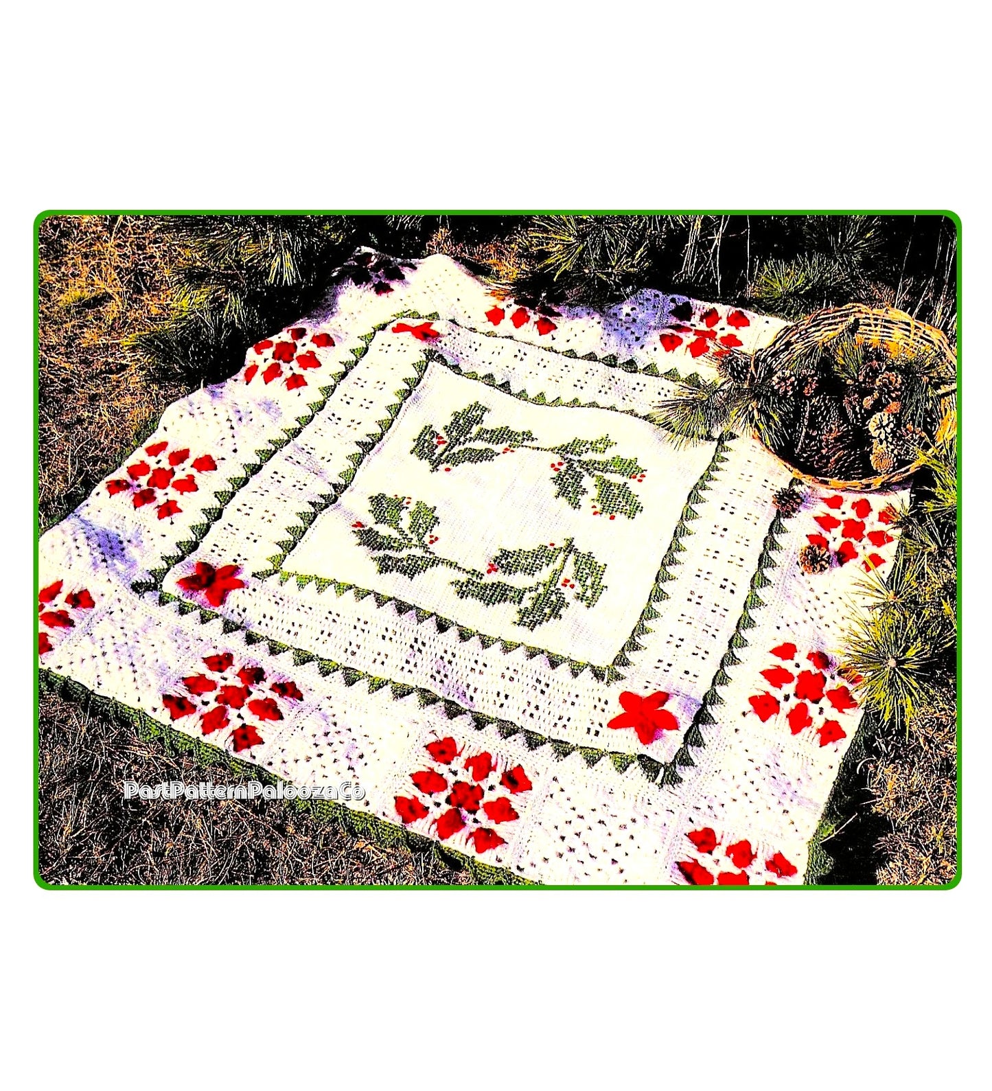 Vintage Crochet Pattern Scandinavian Christmas Holly Afghan PDF Instant Digital Download Tunisian Stitch Cross Stitch Square Blanket 56x56