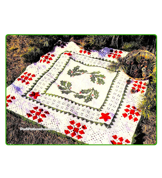 Vintage Crochet Pattern Scandinavian Christmas Holly Afghan PDF Instant Digital Download Tunisian Stitch Cross Stitch Square Blanket 56x56