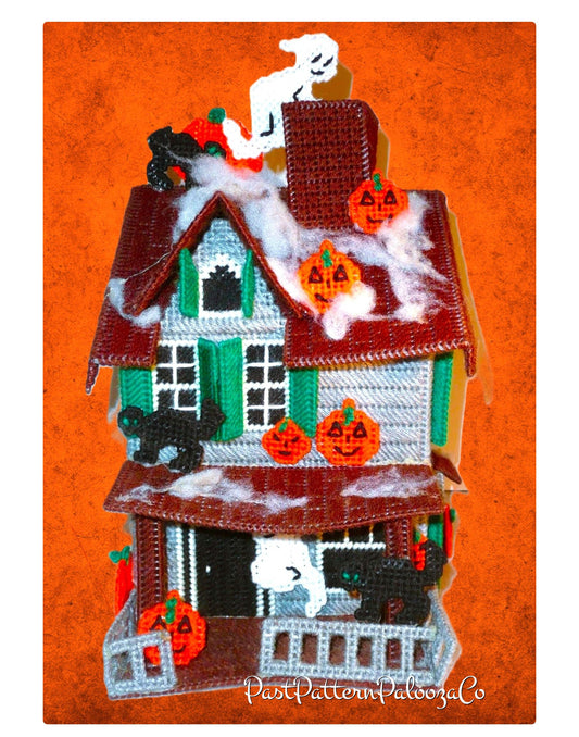 Vintage Plastic Canvas Pattern 14" Halloween Haunted House Mansion Decor Display Piece Treat or Cookie Jar PDF Instant Digital Download