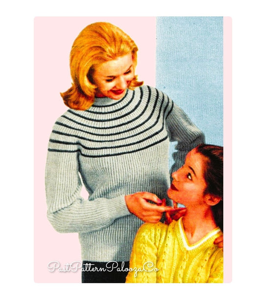 Vintage Knitting Pattern Womens Simple Striped Yoke Ribbed Sweater Top PDF Instant Digital Download Fisherman Knit 4 Ply