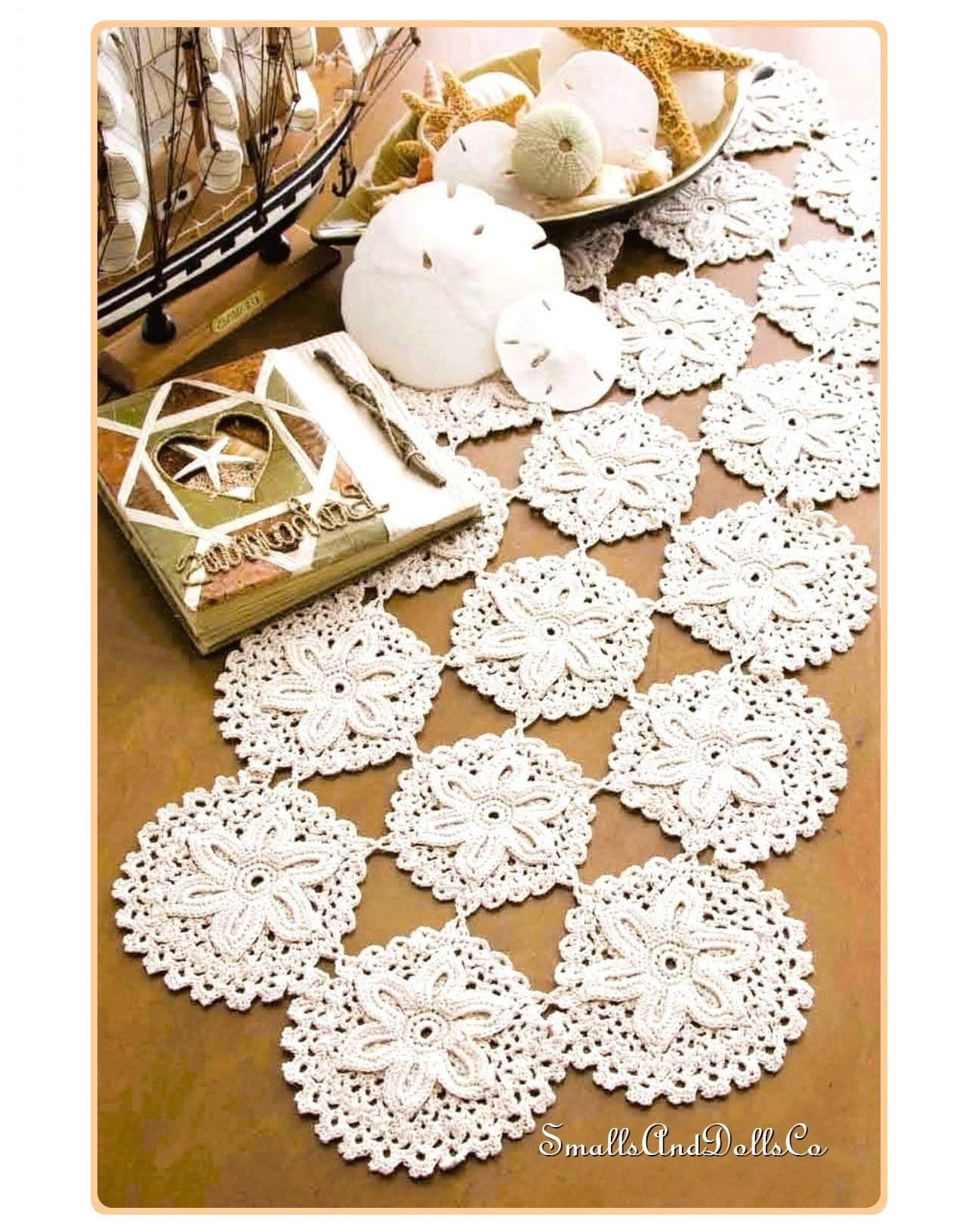 Vintage Crochet Pattern Sand Dollar Motif Table Runner Centerpiece PDF Instant Digital Download Coastal Seaside Nautical Beachy Decor 12x30