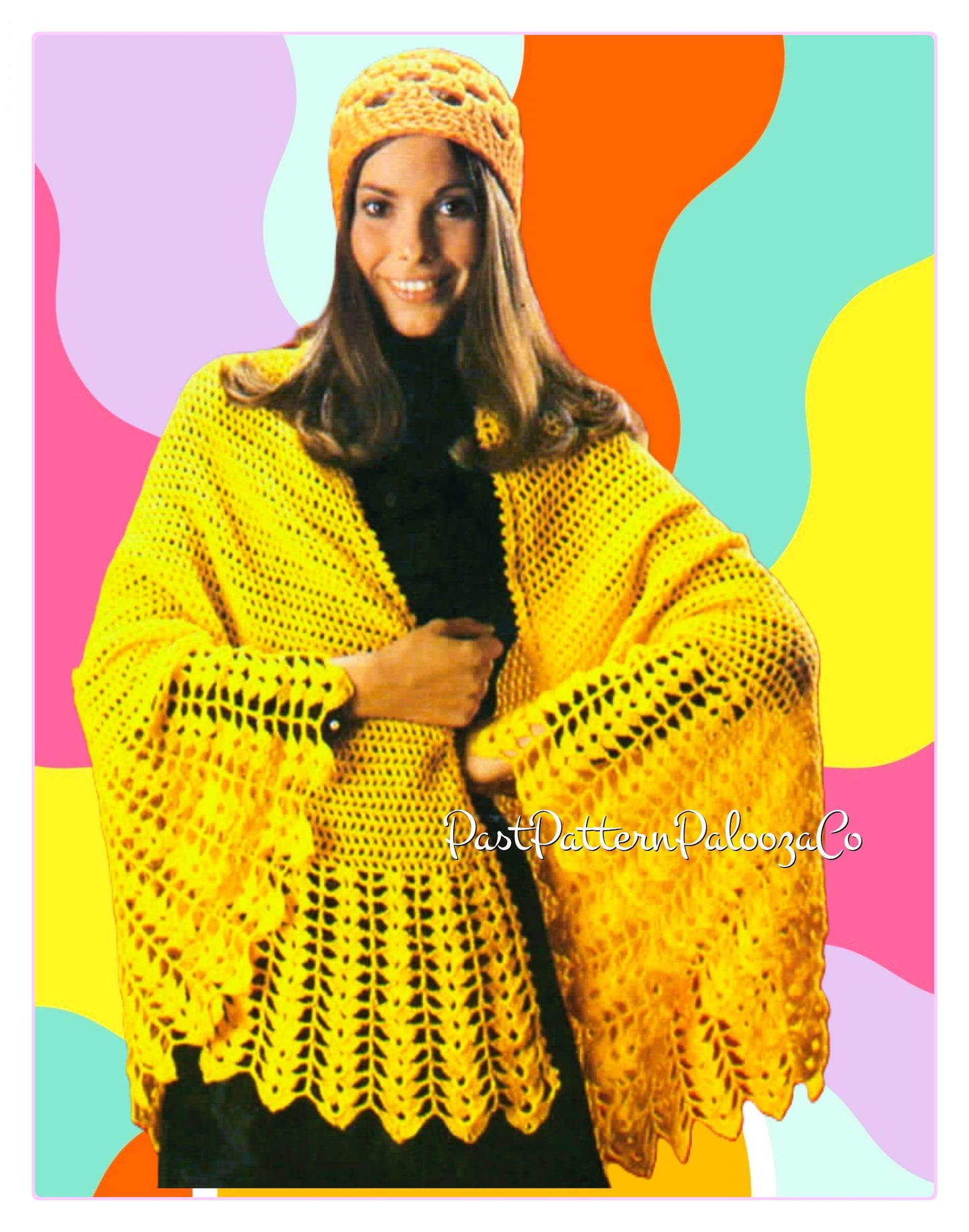 Vintage Crochet Pattern Womens Groovy Semi Circular Shawl PDF Instant Digital Download Retro Lacy Half Circle Wrap Shell Stitch Edge 4 Ply
