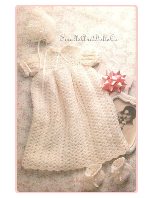 Vintage Crochet Pattern Baby Girl Long Christening Gown Shell Stitch Dress Bonnet Booties Set PDF Instant Digital Download 0-3m 4 Ply