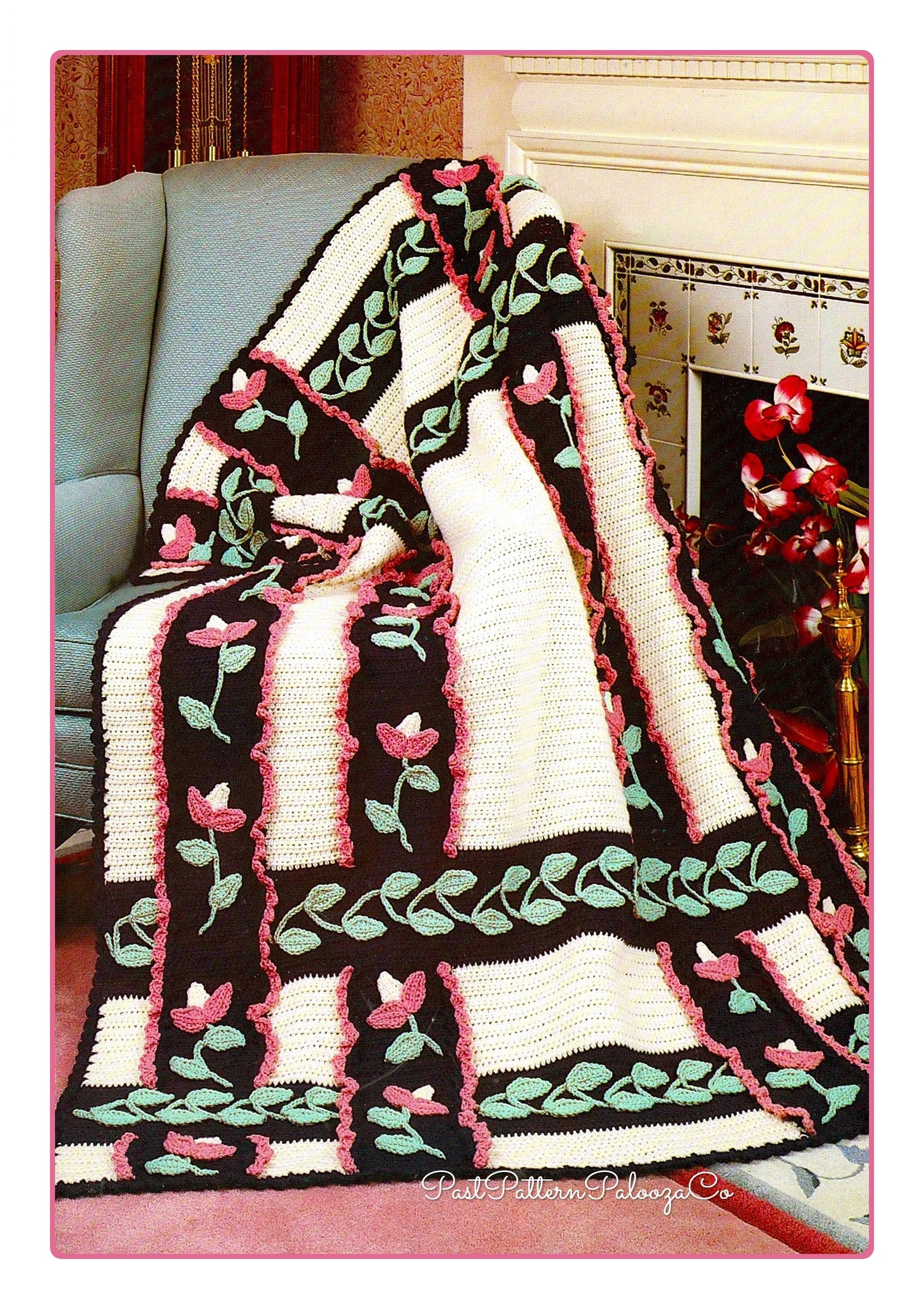 Vintage Crochet Pattern Flower Trellis Garden Afghan PDF Instant Digital Download Pretty Romantic Floral Lattice Leaves Vines Throw 54x66