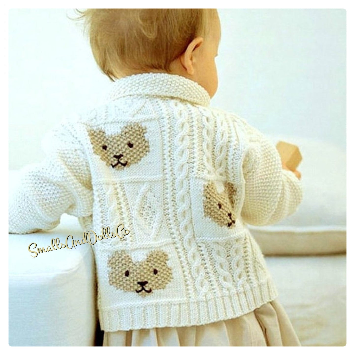 Vintage Knitting Pattern Baby Teddy Bear Squares Cardigan Sweater PDF Instant Digital Download Moss Stitch Cable Block Jacket 6-18m 5 Ply