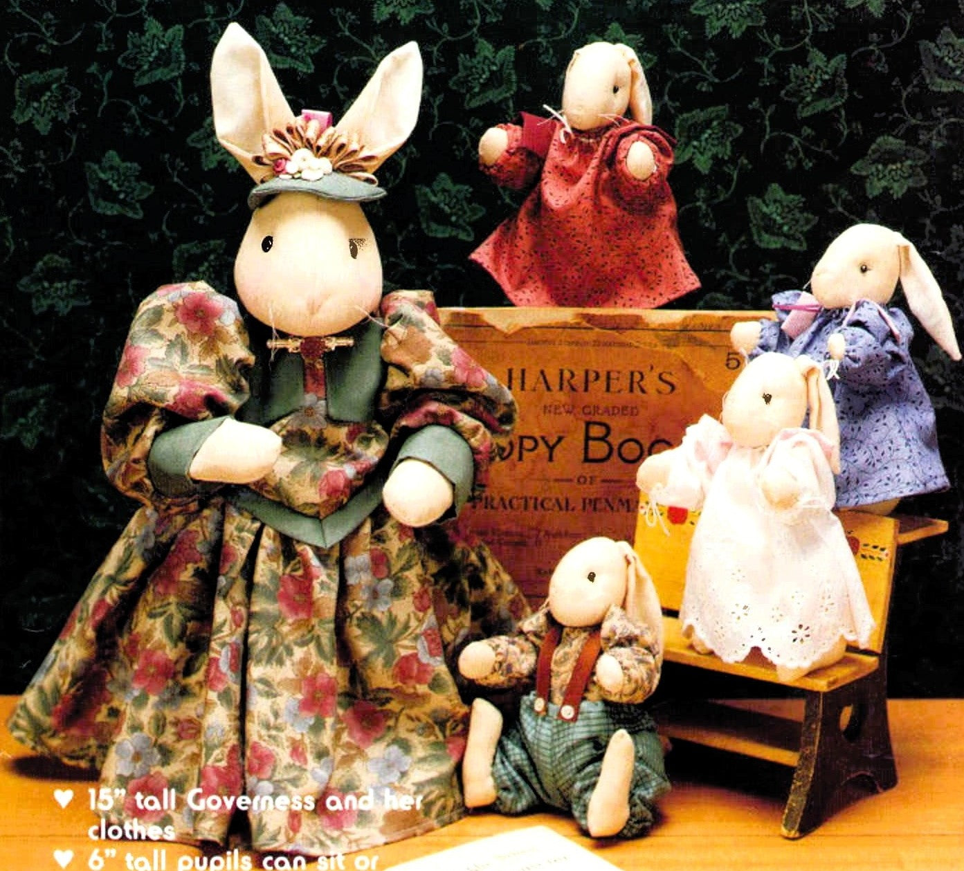 Vintage Sewing Pattern 15" Victorian English Governess Bunny and Her Pupils Bunnies Soft Sculpture Toy Dolls PDF Instant Digital Download