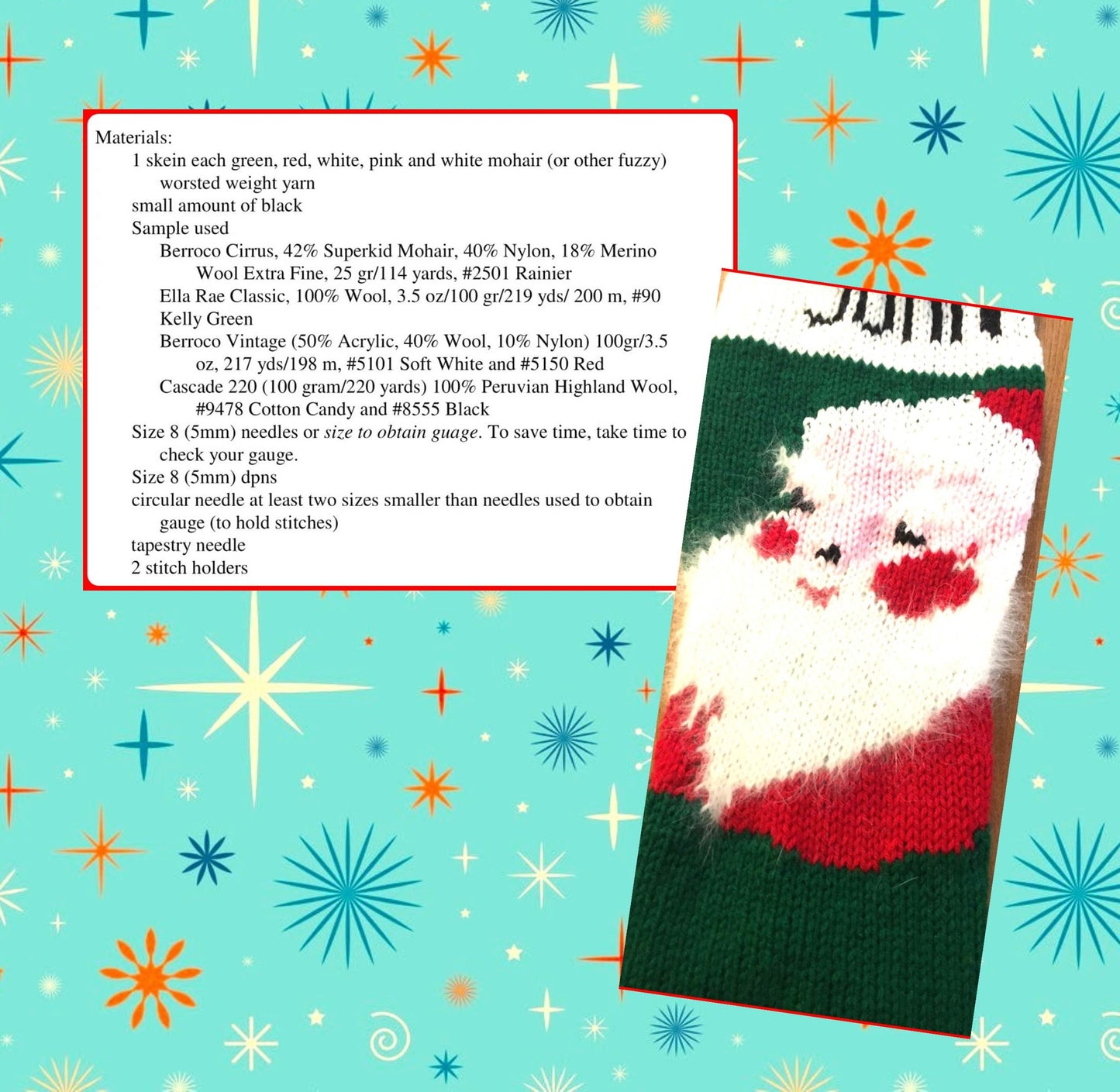 Vintage 20" Santa Face Christmas Stocking Knitting Pattern PDF Instant Digital Download Nostalgic Smiling Angora Beard Retro Sock