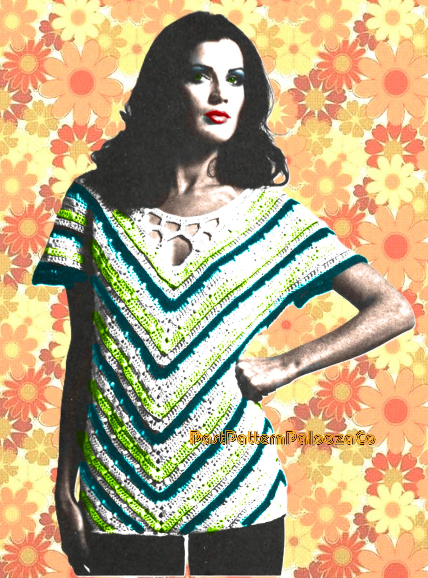 Vintage Crochet Pattern Womens Chevron V-Striped Cotton Top Short Sleeves PDF Instant Digital Download Retro '70s Keyhole Neck Puff Stitch