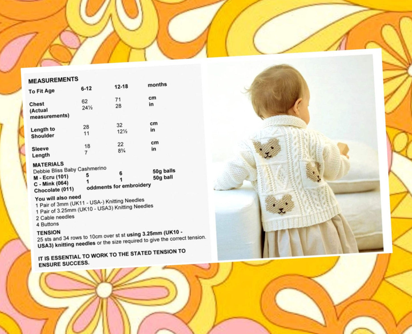 Vintage Knitting Pattern Baby Teddy Bear Squares Cardigan Sweater PDF Instant Digital Download Moss Stitch Cable Block Jacket 6-18m 5 Ply