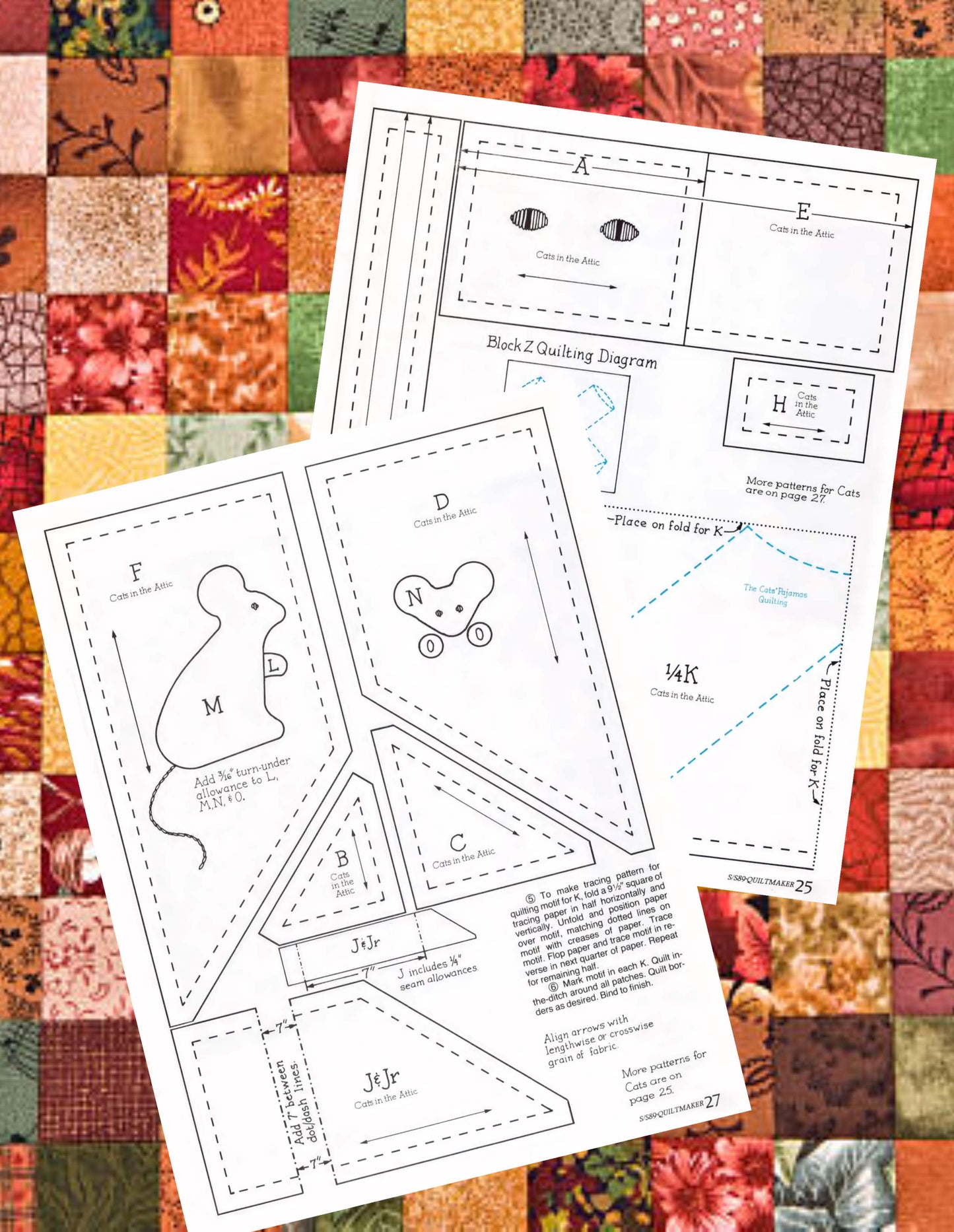 Vintage Sewing Pattern Cats in the Attic Bed Quilt PDF Instant Digital Download Kitty Cats and Mice Applique Throw Blanket