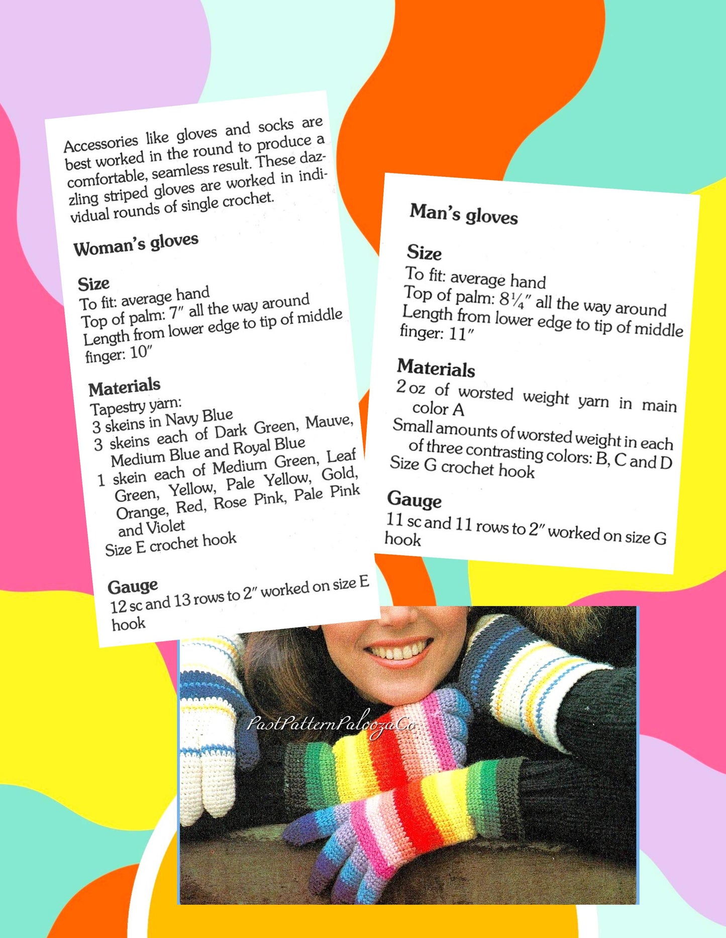 Vintage Crochet Pattern His Hers Striped Gloves PDF Instant Digital Download In the Round Rainbow Novelty Womens Mens Gloves