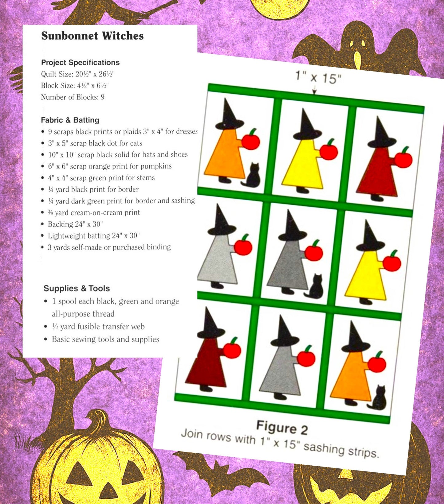 Vintage Halloween Sewing Pattern Sunbonnet Sue Witches Quilt PDF Instant Digital Download Lap Quilt or Wall Hanging Witch Black Cat Applique