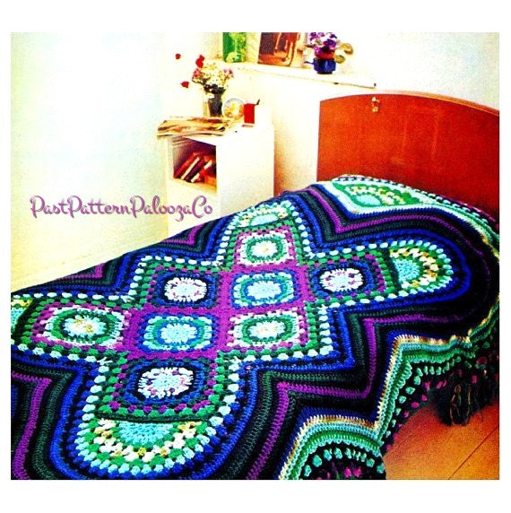 Vintage Crochet Pattern Fascinating Afghan Jewel Tones Granny Squares Bedspread PDF Instant Digital Download Boho Hippie Groovy Grannies