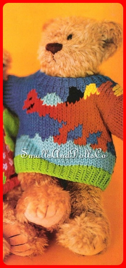 Vintage Knitting Pattern Toddler Boys Stegosaurus Dinosaur Sweater and Matching Teddy Bear Pullover PDF Instant Digital Download 2 4 6 Yrs