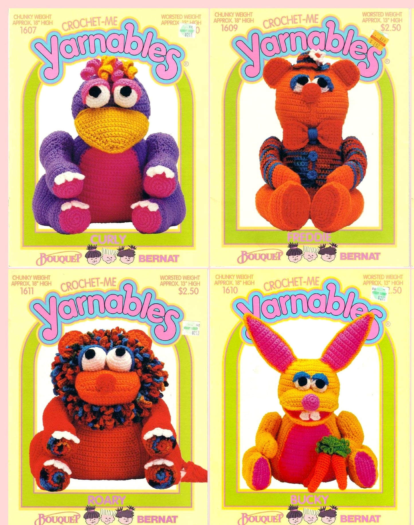 Vintage Crochet Me Yarnables Patterns 16" Cute Amigurumi Doll Creature Critters PDF Instant Digital Download Animal Soft Toys Set of 12