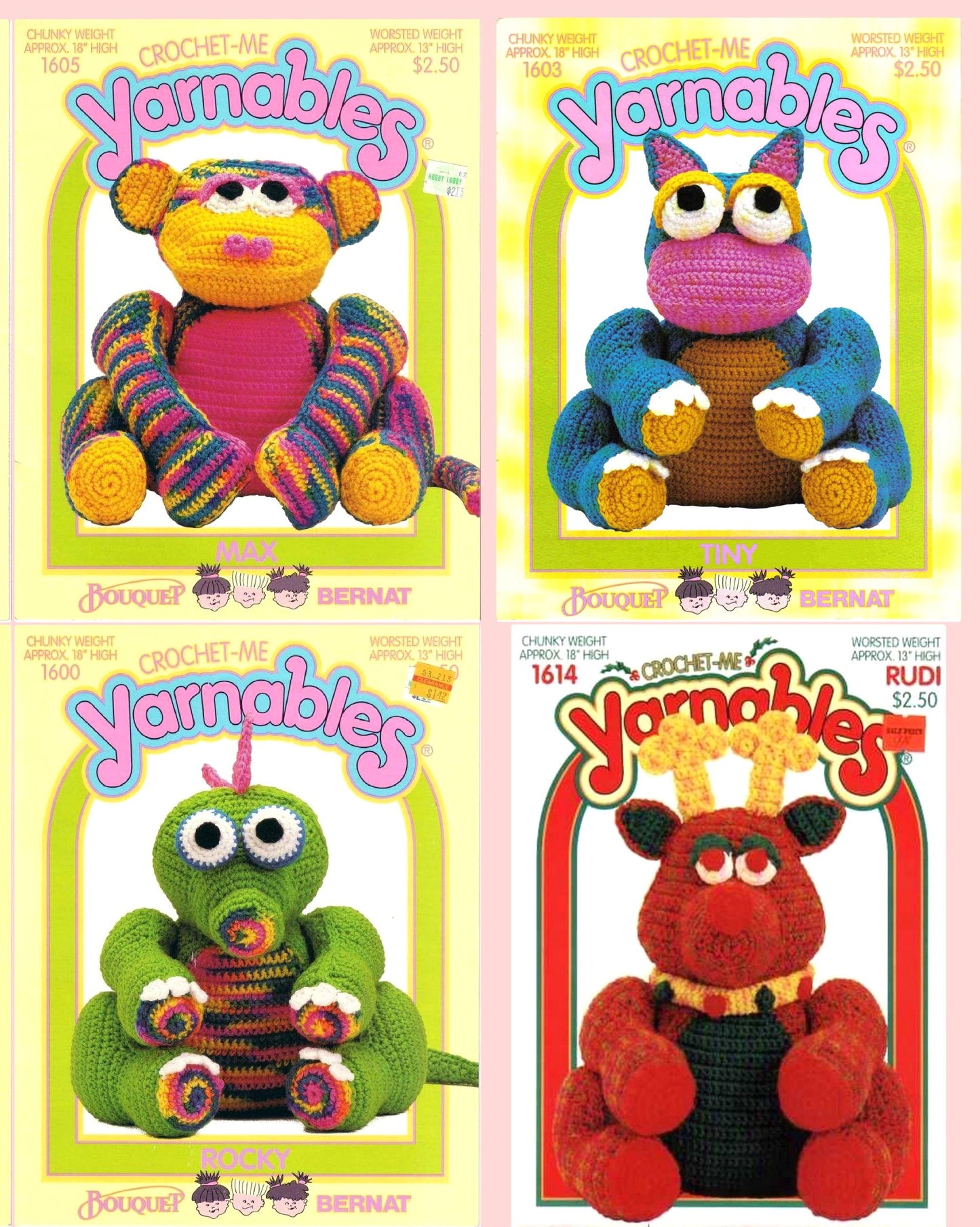 Vintage Crochet Me Yarnables Patterns 16" Cute Amigurumi Doll Creature Critters PDF Instant Digital Download Animal Soft Toys Set of 12