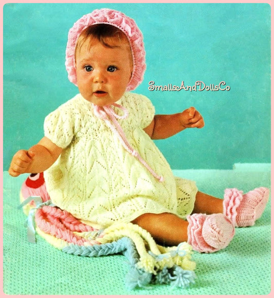 Vintage Baby Girl Knitting Pattern Pretty Dress with Crocheted Ruffled Bonnet Mitts and Booties Set PDF Instant Digital Download 6-9m 3 Ply