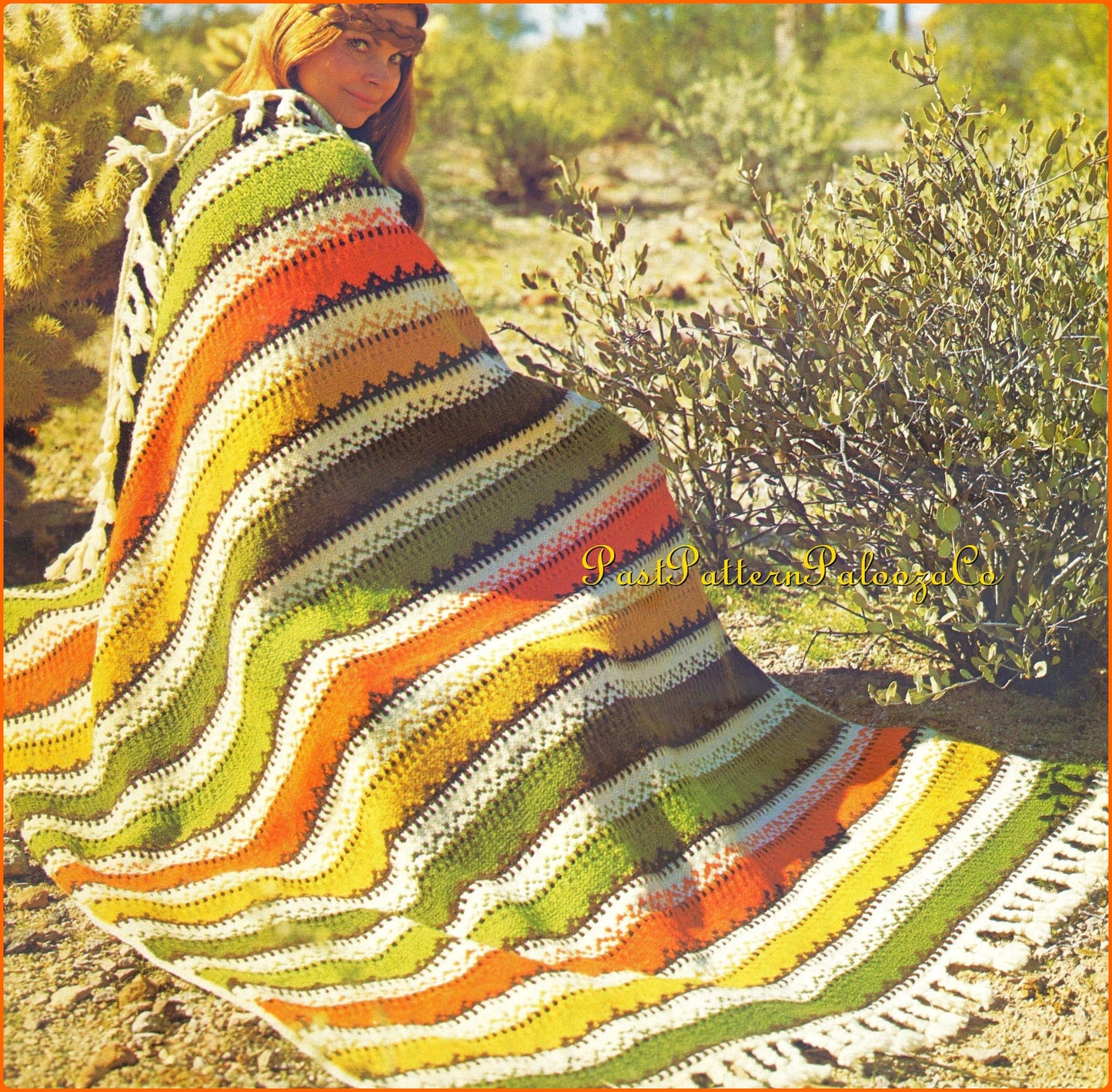 Vintage Knitting Afghan Pattern Tribal Stripes Blanket PDF Instant Digital Download Southwestern Throw Braided Fringe 10 Ply