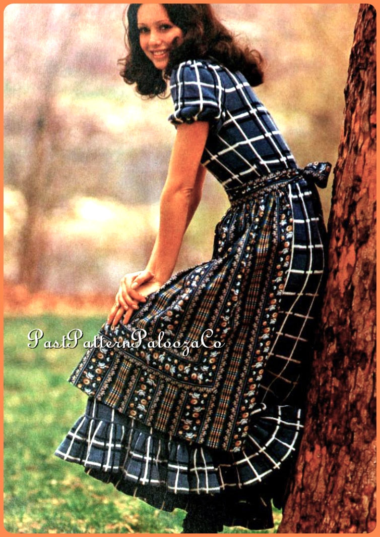 Vintage Knitting Pattern Womens Plaid Prairie Maxi Dress Cap Sleeves Ruffled Hem PDF Instant Digital Download Long Retro Romantic Frock