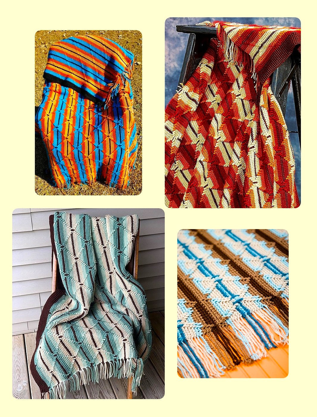 Vintage Crochet Afghan Navajo Indian Diamonds & Stripes Blanket Pattern PDF Instant Digital Download Retro 70s Diamonds Fringe Design