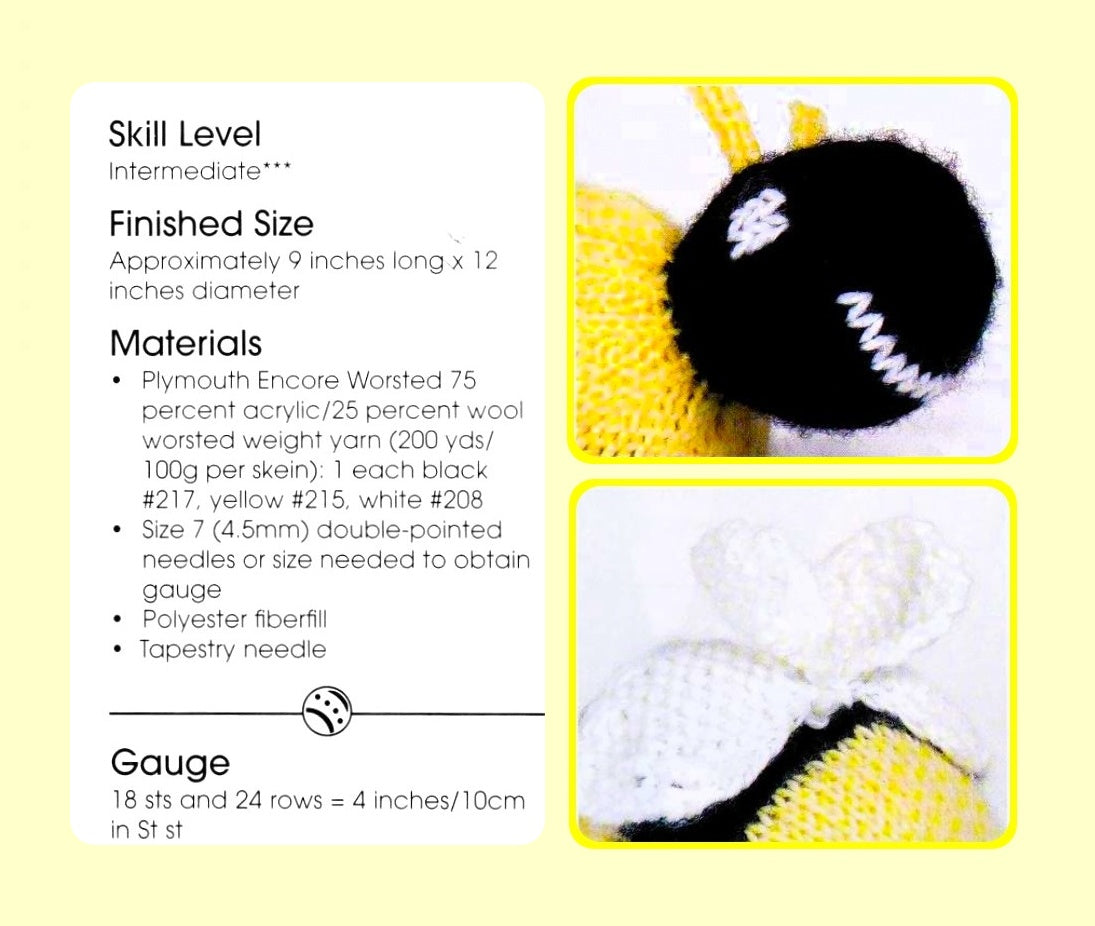 Vintage Knitting Pattern 9" Baby Bumblebee PDF Instant Digital Download Honey Bee Soft Toy Amigurumi 10 Ply