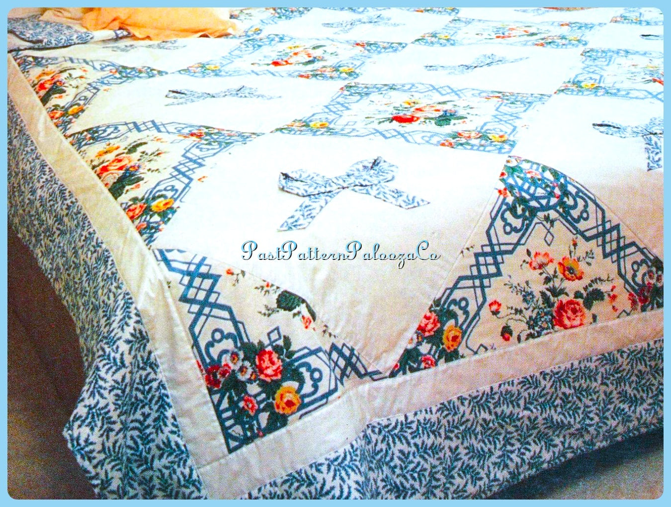 Vintage Sewing Pattern Romantic Roses & Bows Bed Quilt PDF Instant Digital Download Floral Diamond Squares Double Queen 82x104