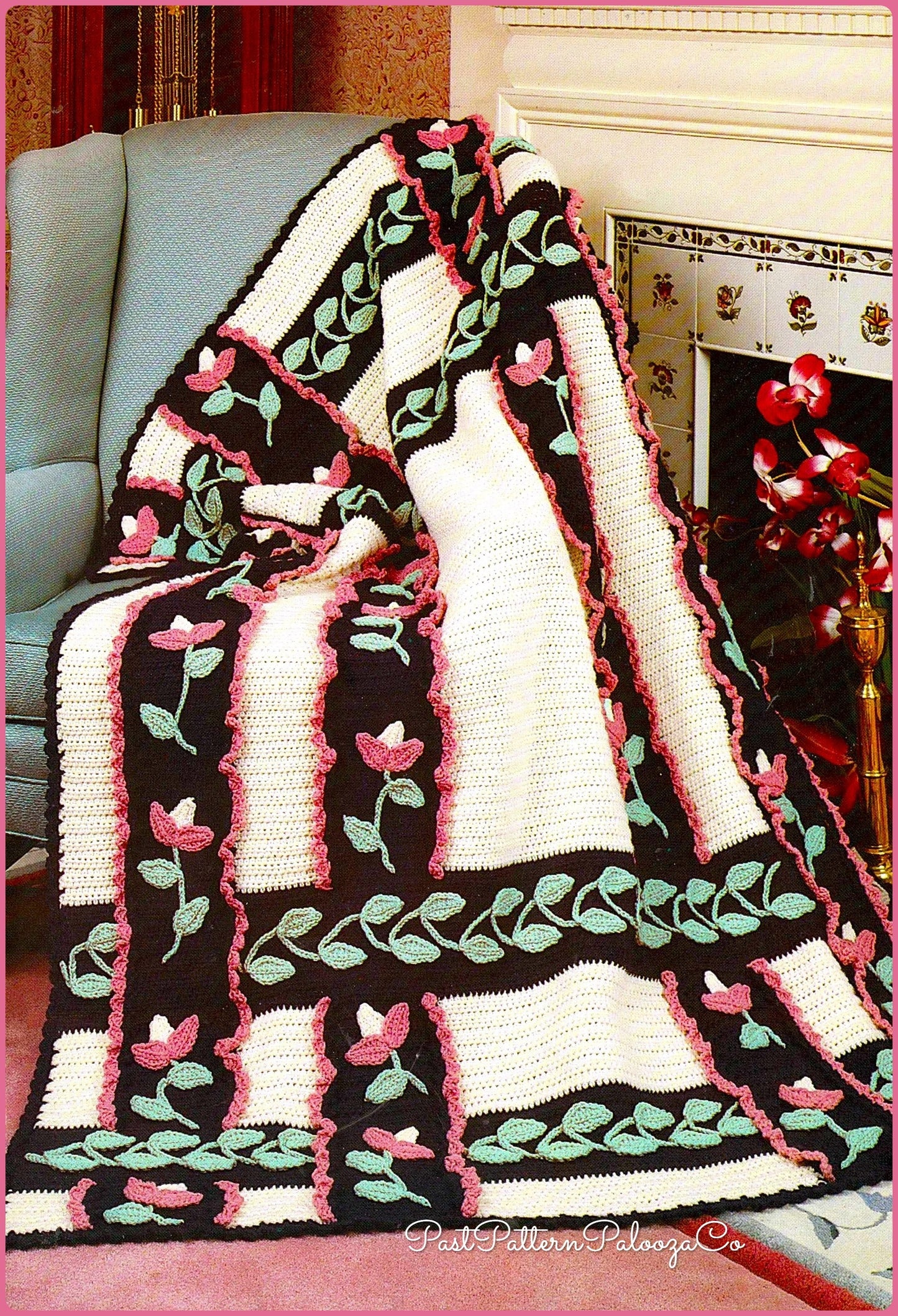 Vintage Crochet Pattern Flower Trellis Garden Afghan PDF Instant Digital Download Pretty Romantic Floral Lattice Leaves Vines Throw 54x66