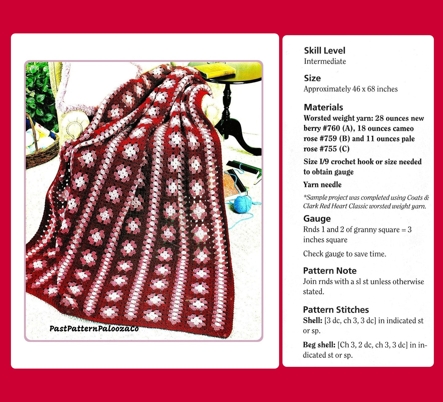 Vintage Crochet Pattern Pretty Granny Square Afghan Vertical Stripes Squares Coverlet PDF Instant Digital Download Throw Blanket 46x68