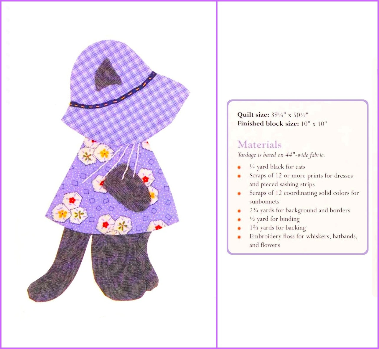 Vintage Sewing Pattern Cute Sunbonnet Sue Cats Quilt PDF Instant Digital Download Lap Quilt or Wall Hanging Kitty Applique Blocks 40x50