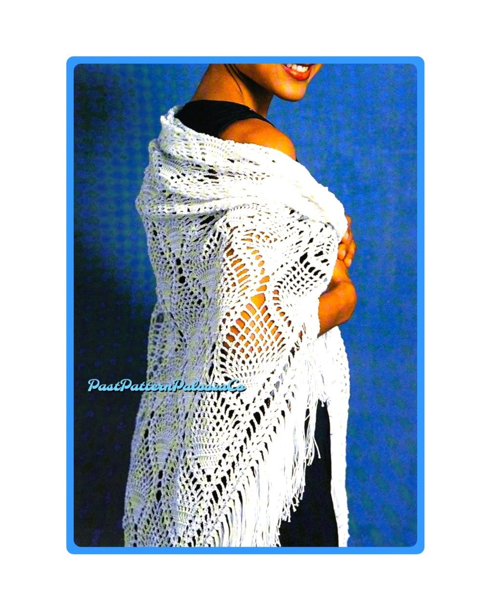 Vintage Crochet Pattern Womens Pineapple Lace Shawl PDF Instant Digital Download Boho Tasseled Wrap 4 Ply