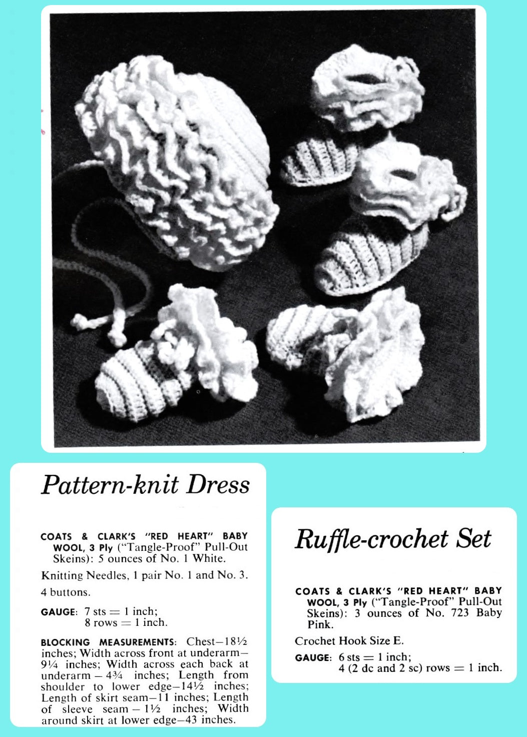 Vintage Baby Girl Knitting Pattern Pretty Dress with Crocheted Ruffled Bonnet Mitts and Booties Set PDF Instant Digital Download 6-9m 3 Ply