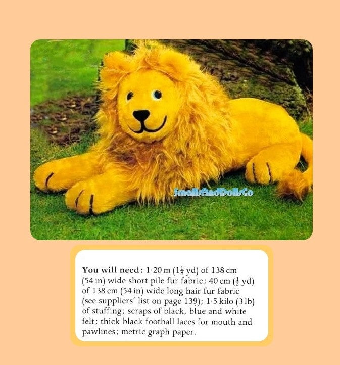 Vintage Sewing Pattern Large 33" Childs Sit On Lion Soft Sculpture Toy PDF Instant Digital Download Big Wild Cat Stuffed Animal