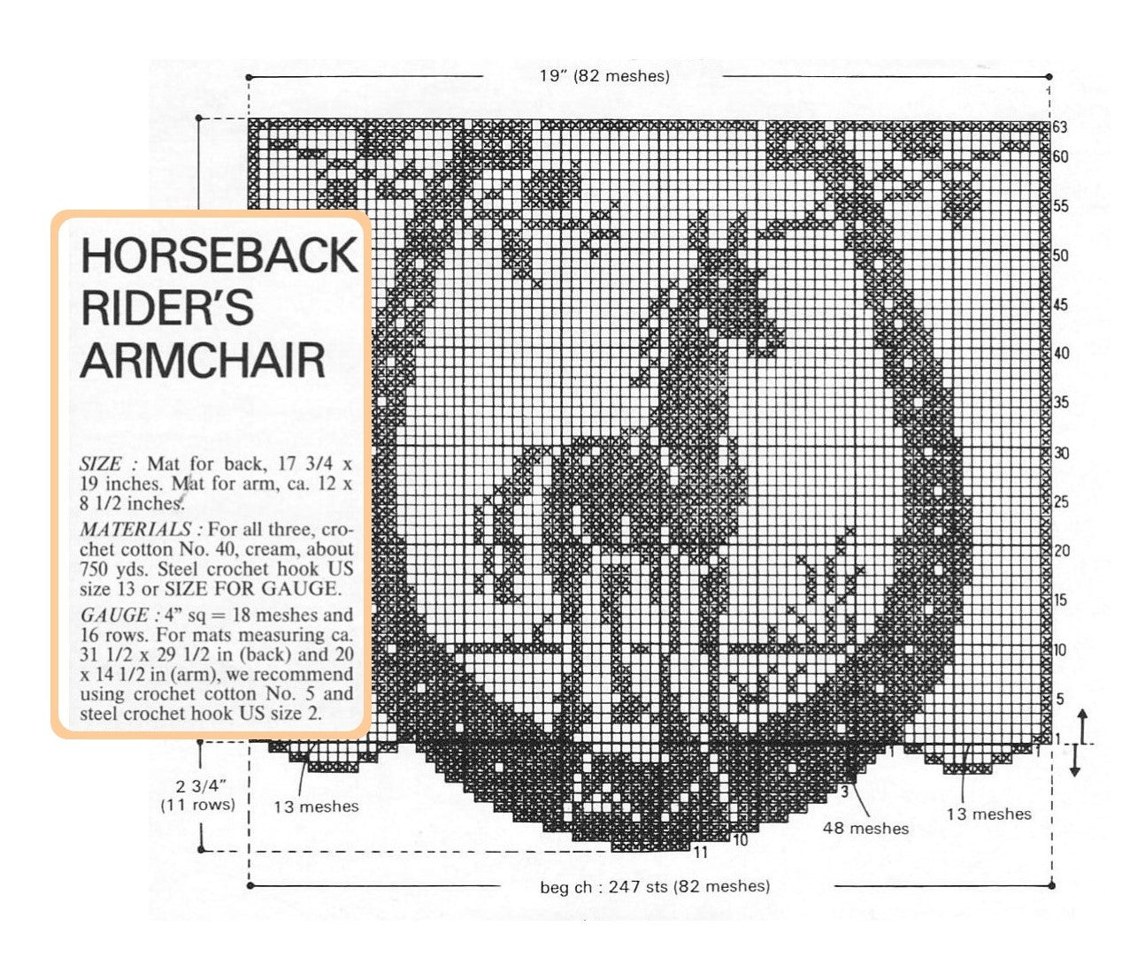 Vintage Filet Crochet Pattern 18" Horses Centerpiece Armchair Mat Doily Set PDF Instant Digital Download Horseback Rider Equestrian Lovers