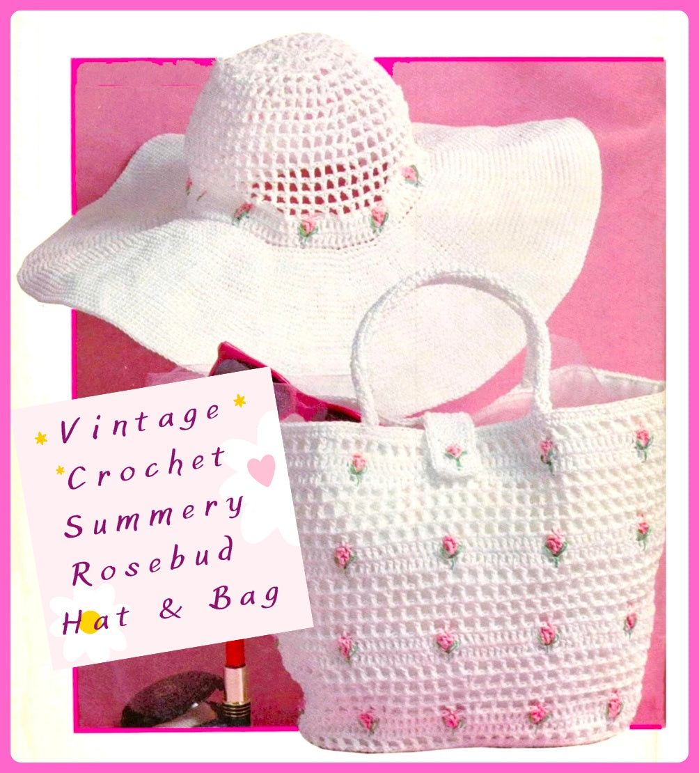 Vintage Crochet Pattern Womens Floppy Rosebud Beach Hat and Bag Tote PDF Instant Digital Download Retro Feminine Romantic Summer Set Cotton