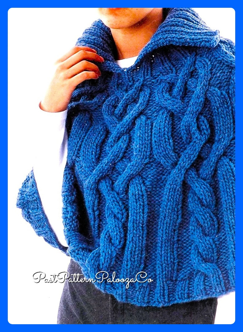 Vintage Knitting Pattern Womens Fisherman Cabled Poncho with Collar PDF Instant Digital Download 12 Ply Hug Shrug