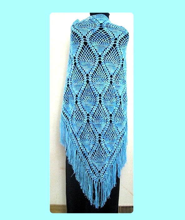Vintage Crochet Pattern Womens Pineapple Lace Shawl PDF Instant Digital Download Boho Tasseled Wrap 4 Ply