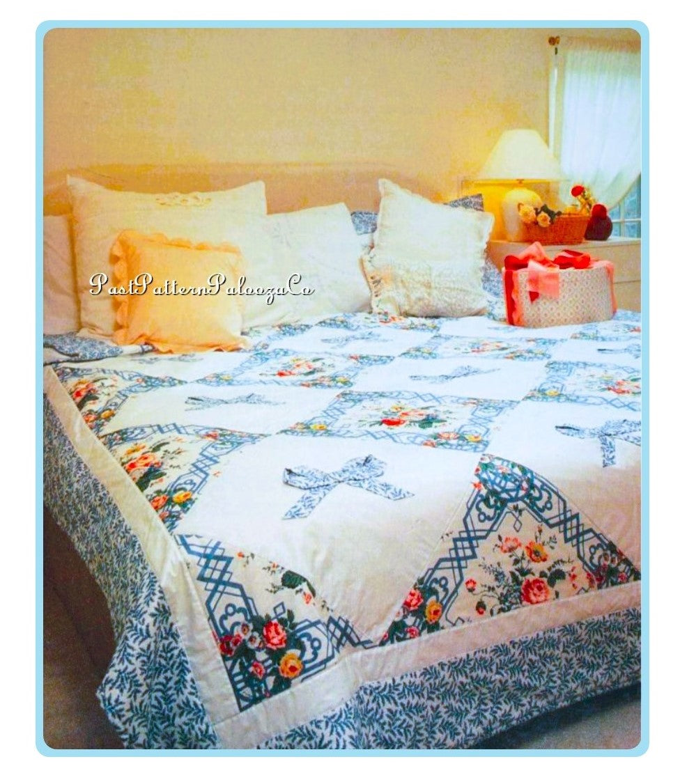Vintage Sewing Pattern Romantic Roses & Bows Bed Quilt PDF Instant Digital Download Floral Diamond Squares Double Queen 82x104